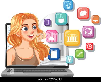 Woman learning online with educational icons Stock Vector