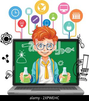 Child with lab equipment on laptop screen Stock Vector
