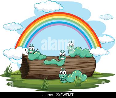 Caterpillars on log with rainbow background Stock Vector