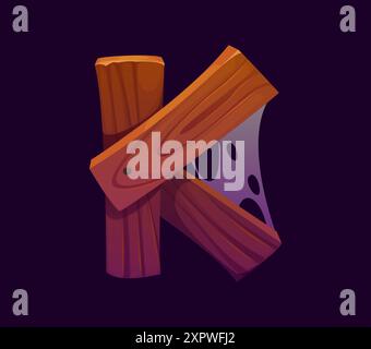 Letter K Halloween font, cartoon evil type, funny scary typeface, spooky alphabet uppercase letter made from wooden planks and spider web. Isolated ve Stock Vector