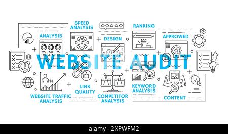 Web audit line icons of website analytics, content optimization and web performance, vector background. Web audit line pictograms of competitor analys Stock Vector
