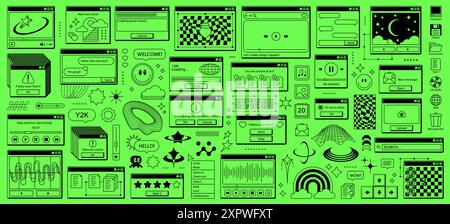 Y2k retro rave window browser sticker, old page with playful nostalgic icons on green toxic desktop screen. Vector stars, planets, rainbows, smile emo Stock Vector