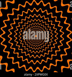 Psychedelic Halloween spiral pattern. Mesmerizing vector background with black and orange wavy lines gradually narrow towards the center, creating a s Stock Vector
