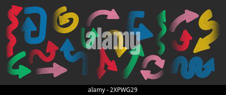 Set of colorful arrows with photocopy effect. Sand grain effect. Vector grainy texture Stock Vector