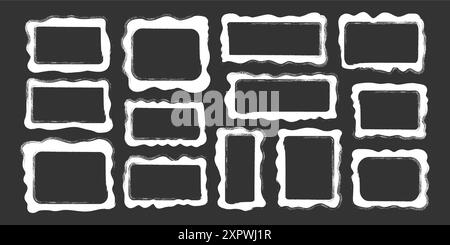 Set rectangle and square paper chalk quote frames, quote text box, empty form with wavy edge. Dilog or title border. Hand drawn speech bubble. Vector illustration Stock Vector