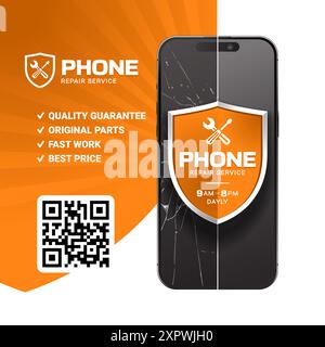 Phone repair service advertising banner template. Realistic broken smartphone and fixed one. Shield with the repair icon and text example. Clean and accurate design. Vector graphic. Stock Vector