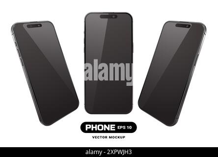 15 generation smartphone mockup with black screen from different view angles. Realistic mobile phone device isolated on white. Vector illustration. Stock Vector