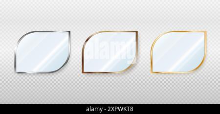 A set of teardrop shaped mirrors in silver, bronze and gold frames. 3d vector isolated on transparent . Stock Vector