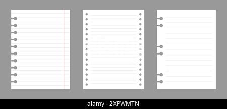 Set of notebook sheets isolated on gray background. Realistic white blanks of lined paper. Different vertical pages from diary. Vector template Stock Vector