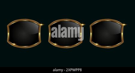 Three Gold labels, three dark premium buttons, labels top quality product in Luxury, Gold shiny buttons, metallic golden infographic, vector illustrat Stock Vector