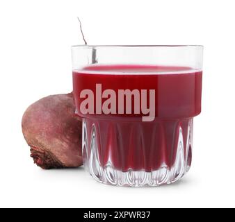 Fresh beet juice in glass and ripe vegetable isolated on white Stock Photo