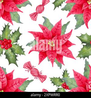 Poinsettia flower with caramel candies, holly berries and leaves. Seamless hand drawn pattern isolated from background. Watercolor, marker illustratio Stock Photo