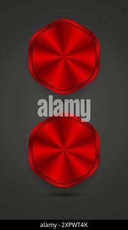 Red Hexagon shapes Red Abstract button, red blank button template with red metal texture-chrome, silver, steel, realistic metralic Stock Vector