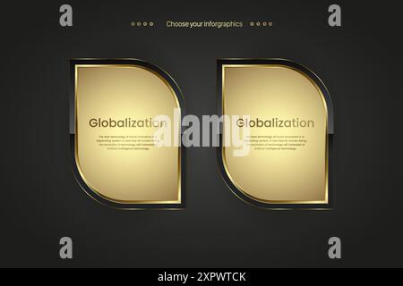 Set of two premium buttons infographic. Two golden icon on dark gradient background, a Gold luxury icons, two golden name plate. Vector illustration Stock Vector