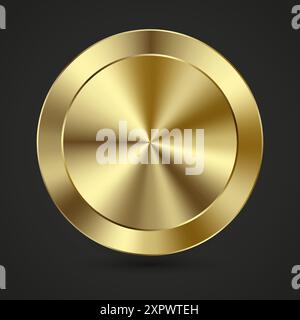 realistic shiny metal golden circle ring on green push click button for website, abstract badge element design isolated on black background vector ill Stock Vector