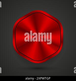 Hexagon shapes Red Abstract button, red blank button template with red metal texture-chrome, silver, steel, realistic metralic and gradient dark backg Stock Vector