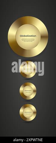 4 Luxury realistic gold metal circles ring on dark background, used in push and click button for website, groups of 4 premium abstract badge elements Stock Vector