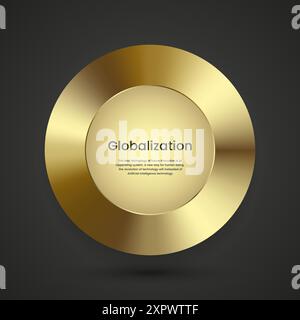 Luxury realistic gold metal circle ring on dark background, used in push and click button for website, premium abstract badge element design isolated Stock Vector