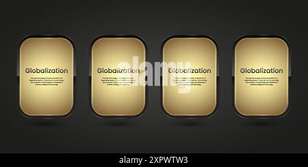FOUR Black Luxury buttons infographic vector design. Four gold and black icons on isolated dark gradient background Stock Vector