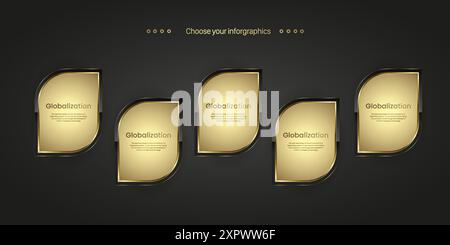 Collection of 5 Luxury buttons infographic. Groups of 5 golden icons on dark gradient background,  Five Gold luxury icons. Vector illustration templat Stock Vector