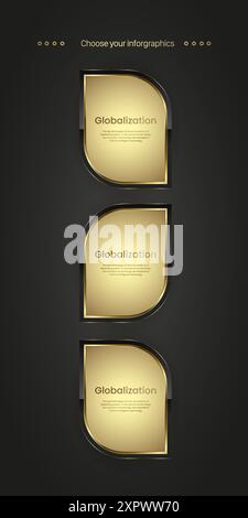 Three premium buttons infographic. collection of Three golden icons on dark gradient background,  three Gold luxury icons. Vector illustration Stock Vector