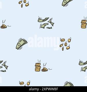 Seamless pattern with paper money, flying bills, coins and gold. Illustration related to business, finance, wealth Stock Vector