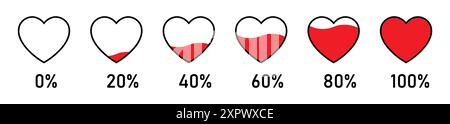 Heart with percentage heart meter level or gauge icon set in liquid fill style in red color. 0 to 100 percent heart rating icon for Valentine's day. Stock Vector
