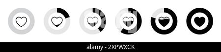 Heart meter levels or gauge icon set in divided pie circles in black color on white background. 0 to 100 percent heart rating level vector. Stock Vector