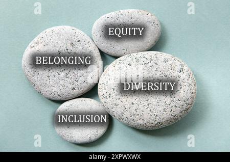 Concept of belonging, inclusion,diversity and equity. Words on flat sea stones on blue studio background. Stock Photo