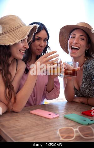 Three woman toasting ,dinner happy friends.Vertical Stock Photo