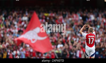 London, UK. 07th Aug, 2024. Arsenal's Oleksandr Zinchenko celebrates scoring their side's first goal of the game during the Arsenal FC v Bayer 04 Leverkusen pre-season friendly match at the Emirates Stadium, London, England, United Kingdom on 7 August 2024 Credit: Every Second Media/Alamy Live News Stock Photo