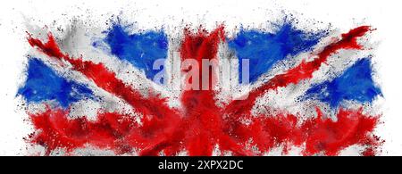 colorful flag of great britain with red blue color holi paint powder explosion isolated on white background. United kingdom union jack  travel and tou Stock Photo