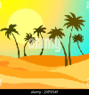 Pixel desert landscape with palm trees and sand dunes. Landscape with palm trees in the desert in the style of 8-bit graphics of retro games of the 80 Stock Vector