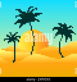 Pixel desert landscape with palm trees and sand dunes. Landscape with palm trees in the desert in the style of 8-bit graphics of retro games of the 80 Stock Vector