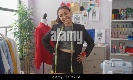 Confident hispanic woman tailor with measuring tape stands in a modern atelier surrounded by colorful threads, fabrics, and sewing machine. Stock Photo