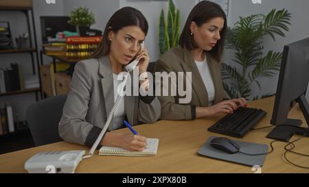 Two hispanic women working together in a modern office, one talking on the phone and taking notes while the other types on a computer. Stock Photo