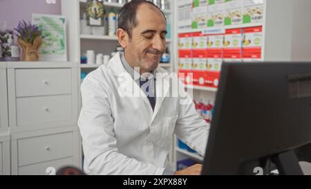 Hispanic bald mature man working in a pharmacy store wearing a white coat and using a computer in an indoor setting. Stock Photo