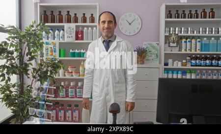 A bald, middle-aged hispanic man wearing a white lab coat stands confidently in a well-organized pharmacy with neatly arranged shelves, displaying var Stock Photo