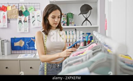 Hispanic woman with measuring tape using tablet in tailor shop surrounded by fabrics and fashion sketches. Stock Photo