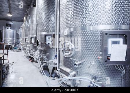 Stainless Steel Containers for Alcoholic Fermentation in a Wine Production Facility Stock Photo