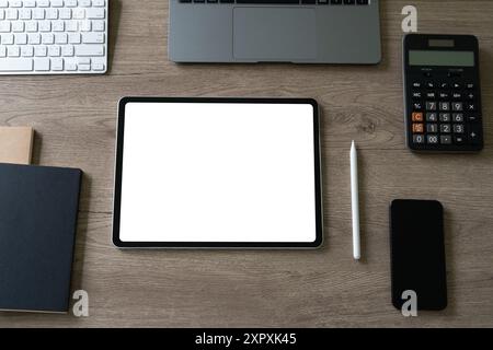 Top view businessman Hands holding digital tablet with mockup of blank Stock Photo