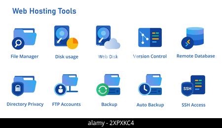 Icon set of web hosting panel tools from disk usage file folder manager auto backup SSH FTP access Stock Vector