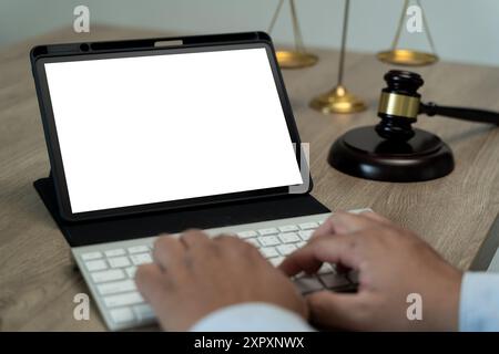 Top view businessman Hands holding digital tablet with mockup of blank Stock Photo