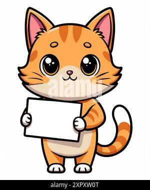 Hand drawn funny cat holding an empty banner with place for text. Cartoon vector illustration. Stock Vector