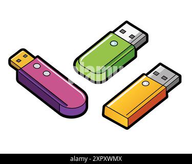 Set of hand drawn USB flash drives. Cartoon style vector illustration. Stock Vector