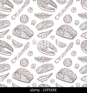 Seamless pattern with Salmon steak and ingredients in line art style. Tomato, slices of lemon, rosemary, arugula, asparagus. Red fish and vegetables Stock Vector