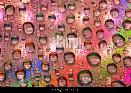Water drops on a Cd illuminated and glowing in pink light Stock Photo