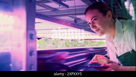 Young Female Farmer Working in a Vertical Farm with Ultraviolet LED Lights. Hydroponics Specialist Inspecting and Examining Fresh Plants Ready for Shipping to Supermarket Stock Photo