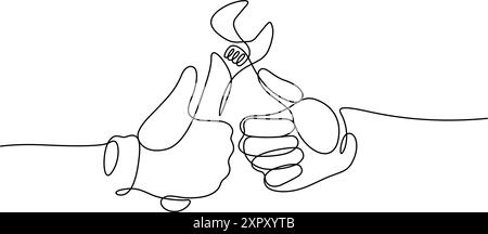 hand of customer with maintenance service trusting one line drawing. right hand holding wrench mechanic with confidence thumb up Stock Vector