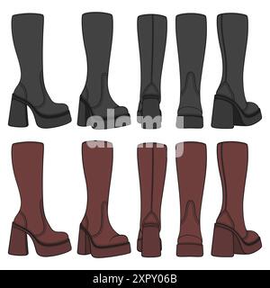 Set of colored retro boots. Isolated vector objects on white background. Stock Vector